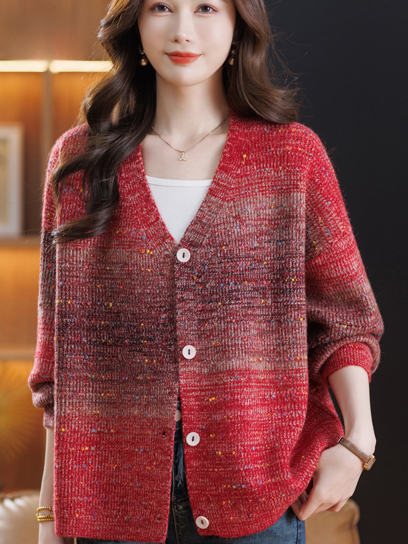 Women Fashion Over 60 - Spring Autumn V-neck Loose Floral Knitted