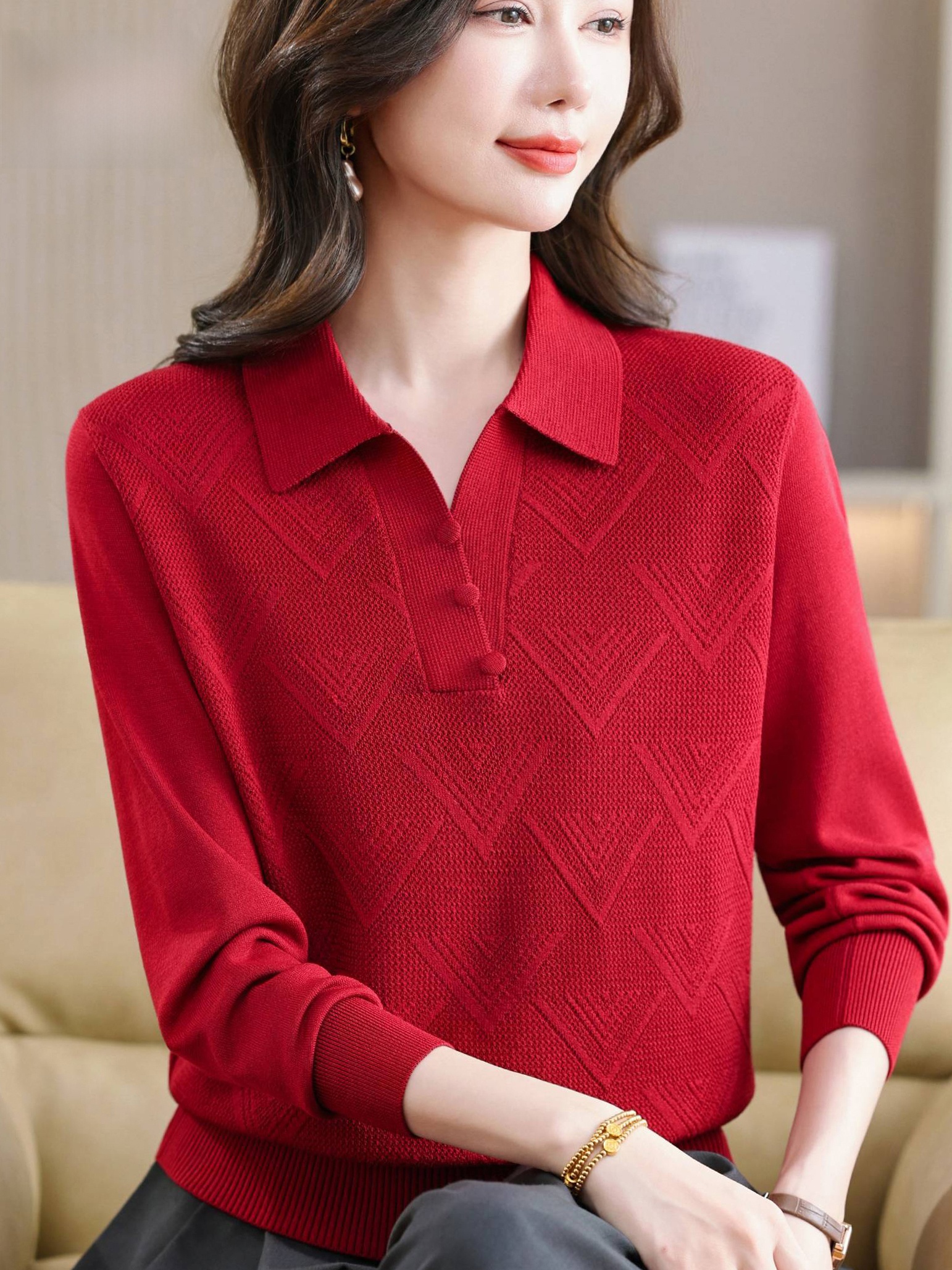 Women Fashion Over 60 - Casual Neck Knitted Sweater Long Sleeve