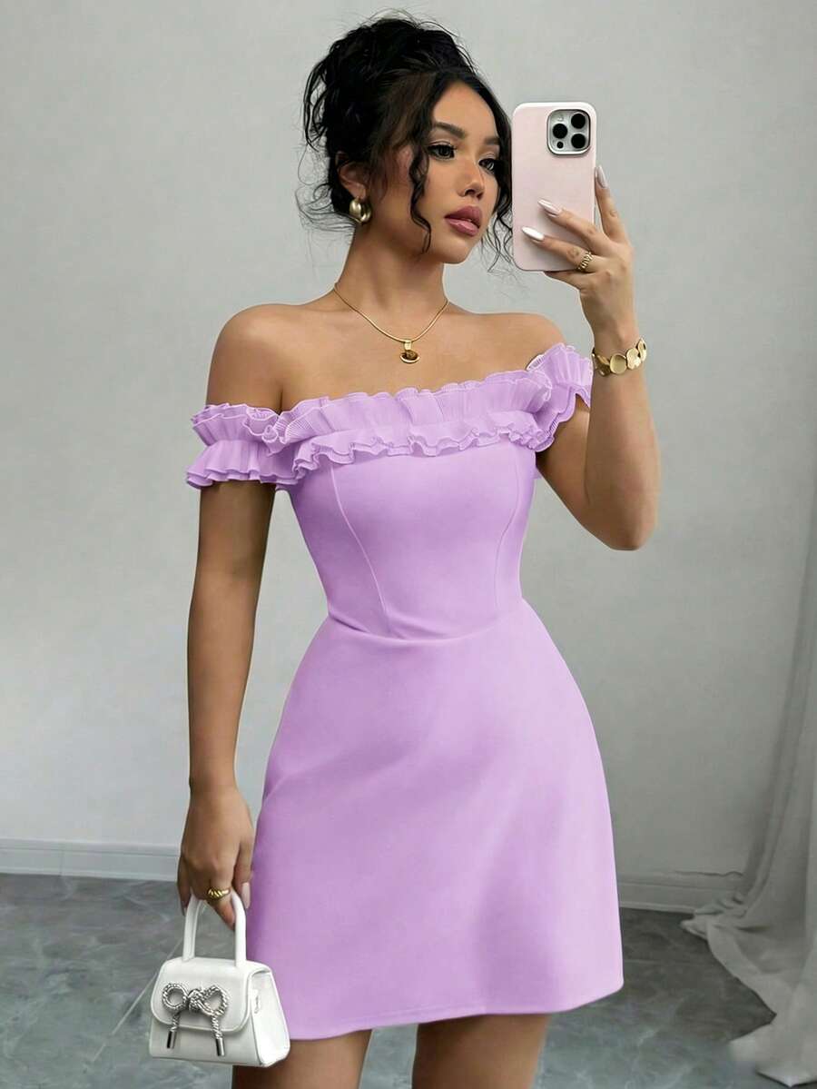 Off Shoulder Ruffled Mini Dres - đánh giá và giá Women'S Fashion Jersey