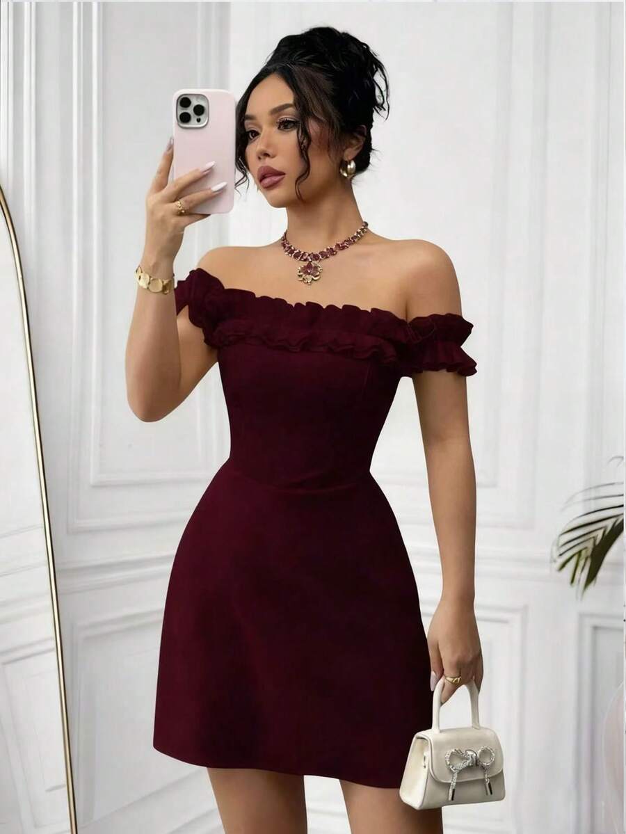 Off Shoulder Ruffled Mini Dres - đánh giá và giá Women'S Fashion Jersey