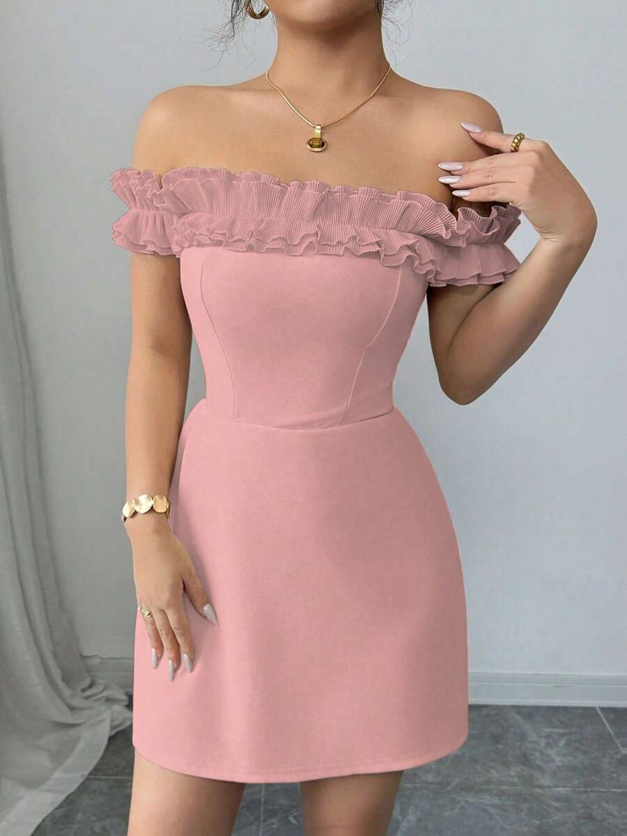 Off Shoulder Ruffled Mini Dres - đánh giá và giá Women'S Fashion Jersey