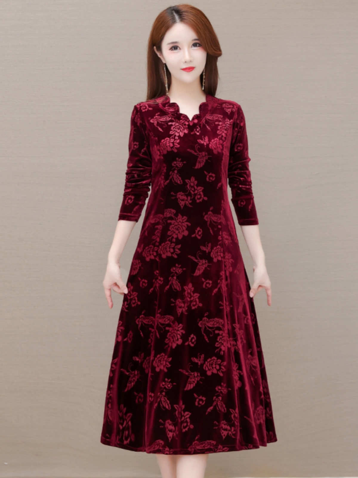 Elegant Velvet Dress V-Neck Mi - đánh giá và giá Women Fashion Over 60