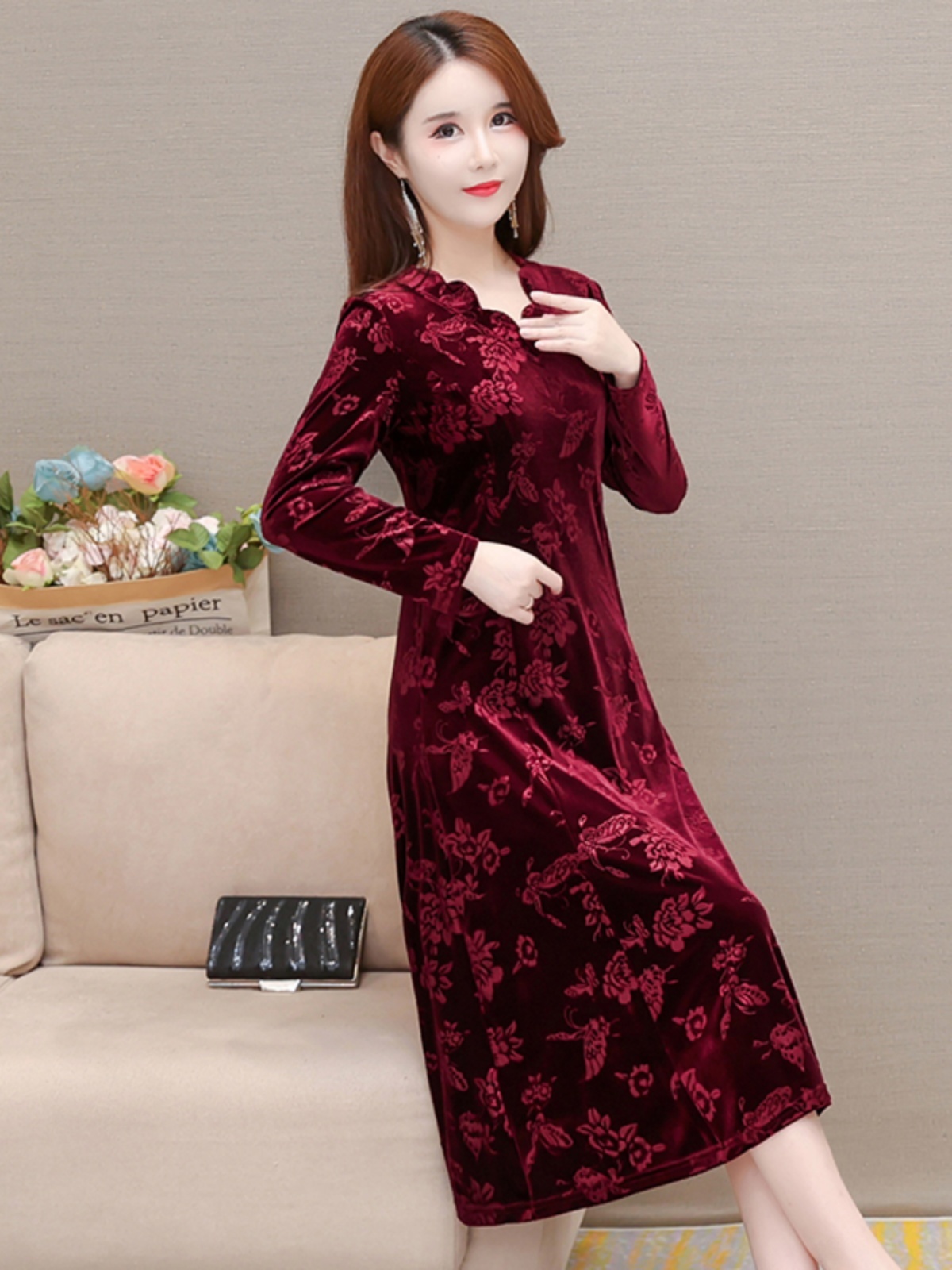 Elegant Velvet Dress V-Neck Mi - đánh giá và giá Women Fashion Over 60