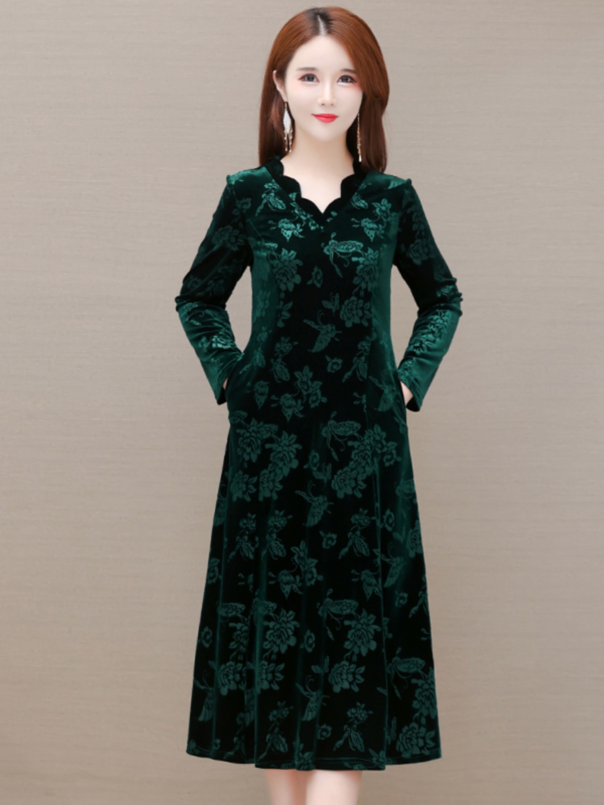 Elegant Velvet Dress V-Neck Mi - đánh giá và giá Women Fashion Over 60