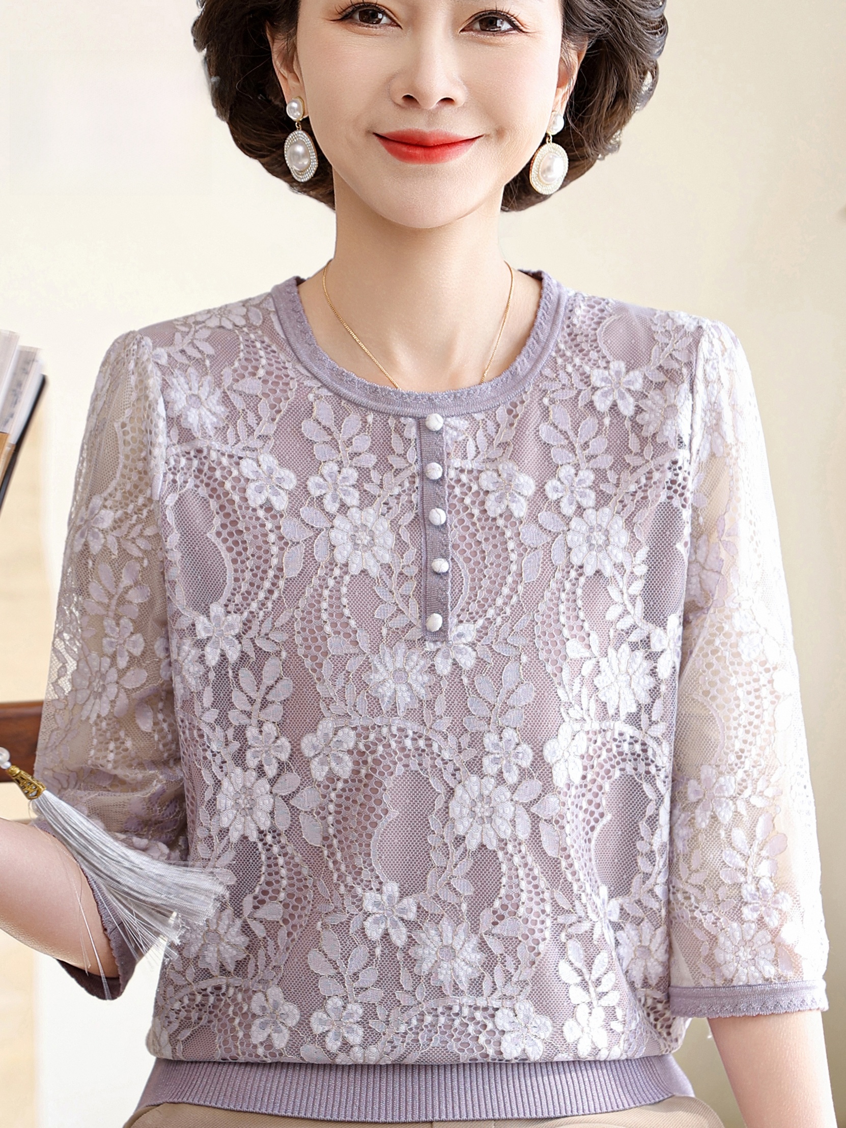 Summer Lace Splice V-Neck Thre - đánh giá và giá Women Fashion Over 60